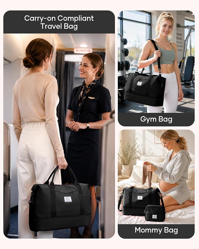 Travel Duffel Weekender Bag Women Tote Carry On Bags With Shoe Compartment | 18x14x8 inches Travel Overnight Bags with Trolley Sleeve for Airplanes Waterproof Sport Tote Gym with Toiletry Bag Black - Image 8
