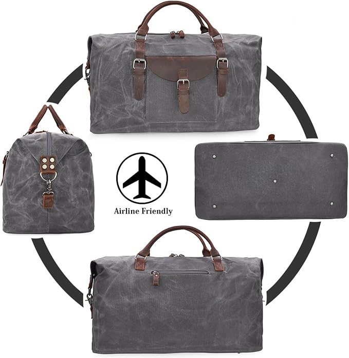 Oversized Travel Duffel Bag Waterproof Canvas Genuine Leather Weekend bag Weekender Overnight Carryon Hand Bag Grey - Image 6
