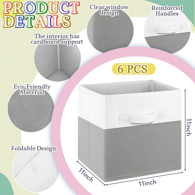 Yinder 6 Pcs Cube Storage Bin White Gray 10.5''x10.5''x11'' Storage Bins for Playroom Decor Colorful Bins for Kids Foldable Baskets for Nursery Organizer Boxes Fabric Boxes - Image 2