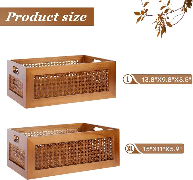 Rattan Wooden Box Set of 2 Handmade Decorative Storage Basket with Handles | Natural Bamboo Woven Storage Basket Rustic Farmhouse Decor Home Office Tabletop Shelf Drawer Closet Desk Organizer, Brown - Image 4