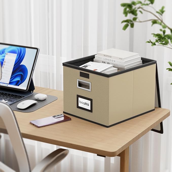Foldable File Organizer Box with Lids (1 Pack, Khaki, Leather) | File Box with Plastic Slides for Document, Filing Bin for Letter Size Hanging File Folders (1 Pack, Khaki, Leather) - Image 2