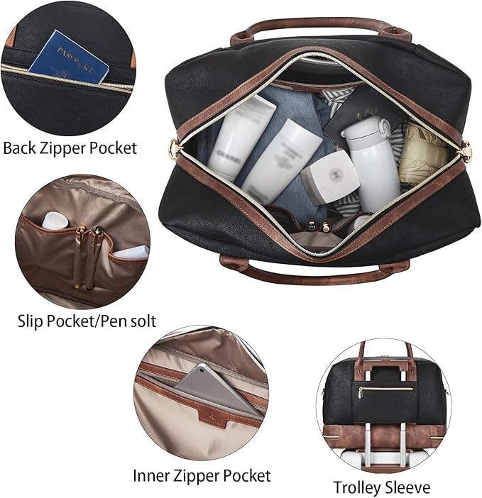 BOSTANTEN Weekender Bags for Women Travel Leather Overnight Bags | Shoe Compartment, Trolley Sleeve, Fits Under-seat, Airline-Friendly Carry-on Size, Designer, Weekend Getaways, Business Trip - Image 4