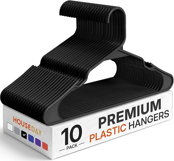 HOUSE DAY Black Plastic Hangers 10 Pack – Slim Space Saving Clothes Hangers | Durable Hangers for Shirts, Coats and Pants, Non-Slip Notches Hold Straps, Small Closet Upgrade, Starter Set, Favorite Pieces by HOUSEDAY
