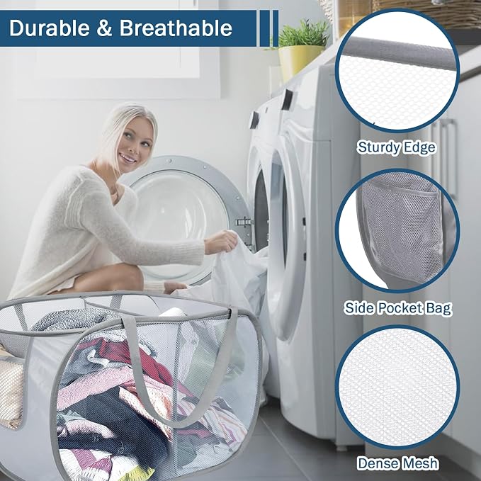 6 Pack Collapsible Laundry Baskets, 2 Compartment Pop Up Hamper, 6 Colors | Easy carry handles and foldable mesh design make these hampers suitable for dorms, laundry rooms, travel, and toy storage. - Image 7