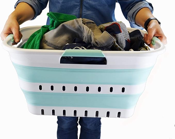 SAMMART Set of 2-30L (8 gallon) Collapsible Plastic Laundry Basket - Foldable Pop Up Storage Container/Organizer - Space Saving Hamper/Basket (2, White/Lake Green) - Image 6