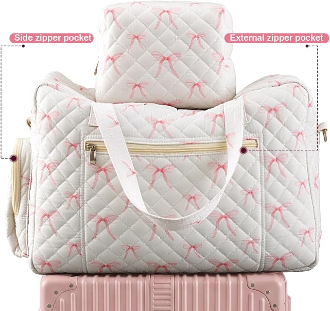 Abbylike Hospital Bag for Women, Quilted Weekender Duffle Bag,Bow - Image 7