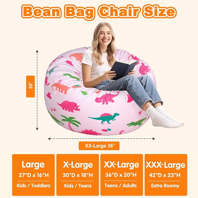 Lukeight Dinosaur Bean Bag Chair for Teens and Adults, Memory Foam Filled Floor Lounger, Washable Velvet Cover with Inner Liner, Beanbag Chair with Filling for Gaming and Reading, XX-Large 36"D x 20"H - Image 2