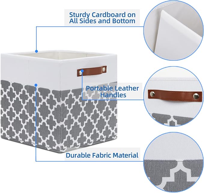 Temary 12x12x12 Fabric Storage Bins 4 Pack with Leather Handle, Foldable Cubes Storage Box Baskets for Closet, Shelf (White&Lattice) - Image 3