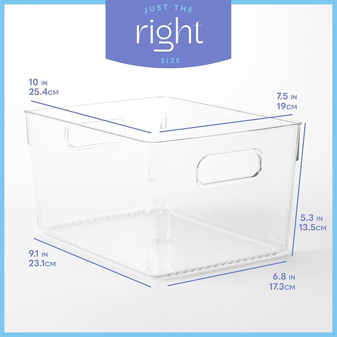 Plastic Food Storage 4 Pack Clear Container Bin with Handles for Organizing Kitchen, Pantry, Refrigerator, Freezer, Pantry, Cabinet, Closet, Bathroom. 10”x7.5”x5.3” - Image 3