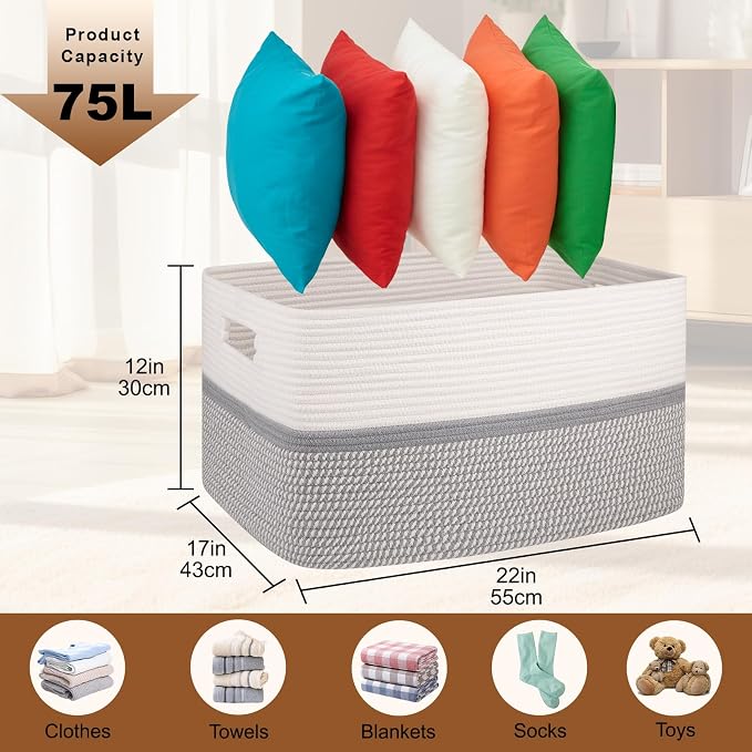 OIAHOMY Blanket Basket Laundry Basket Dog Toy Basket 75L Grey/White | Large Storage Basket,Baby Basket,Toy Storage,Woven Rope Basket for Blankets,Blanket Storage for Living Room - Image 3