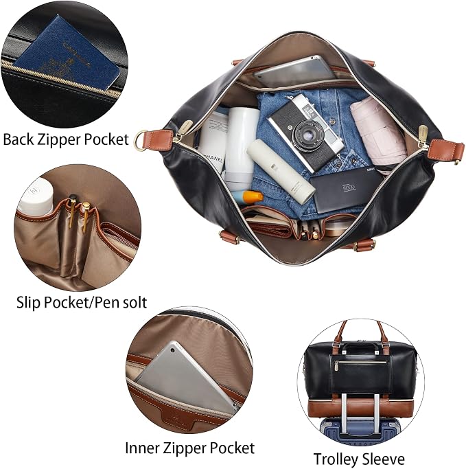 BOSTANTEN Weekender Bags for Women Leather Travel Duffle Bag | Shoe Compartment, Trolley Sleeve, Fits Under-seat, Airline-Friendly Carry-on Size, Weekend Getaways, Overnight, Road Trip - Image 3