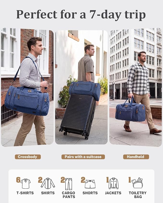Gonex Canvas Duffle Bag, Expandable 60L Travel Overnight Weekender Bag | for Men, with Toiletry Bag, Multiple Pockets, Carry-On Size, Durable Zippers, Detachable Strap, Blue - Image 5