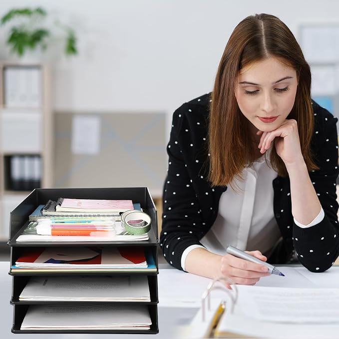 6 Pcs Stackable Paper Trays Rectangular Plastic Desk Holder Desktop Document File Organizer Storage Letter for Office Classroom (Black) - Image 6
