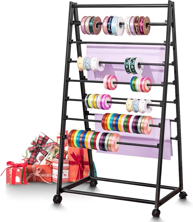Ribbon Organizer, 15 Tier Metal Wire Spool Rack, Double-Sided Christmas Gift Wrapping Organizer Storage Ribbon Storage Rack for Craft Cake Shop Flower Store,Tie Scarf Rack Belt Towel Holder by POIUNA