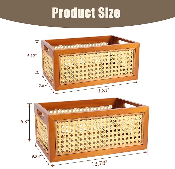 Rattan Storage Baskets Set, Wooden Frame with Woven Cane Design, Nesting Organizer Bins for Living room Bedroom Bathroom Kitchen Shelf, Set of 2 - Image 2