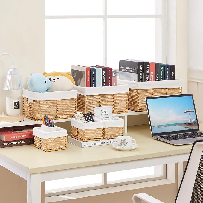 Wicker Storage Basket, 6 Pack Baskets for Organizing, Wicker Baskets with Handle, Rectangular Woven Basket for Storage Shelves, Cube Storage Bins for Closet/Clothes/Dresser, Natural - Image 6