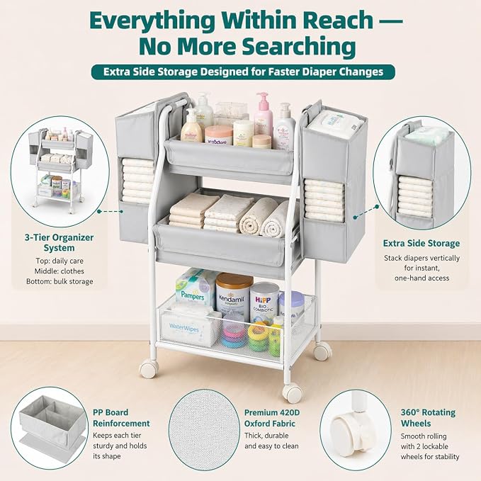 Rolling Utility Cart with Side Storage, 3-Tier Diaper Cart & Baby Caddy Organizer for Nursery Essentials, Bedside/Postpartum Nursing Cart, Craft & Art Storage Organizer, Rolling Book Cart - Image 3