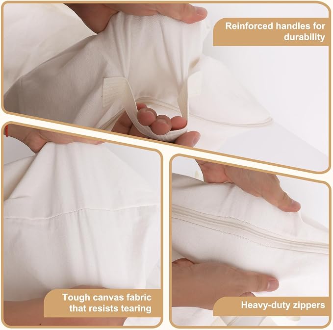 Soft Large Canvas Storage Bags with Zipper. Thick Breathable. Four Carrying Handles and Window. Cotton Linen Storage for Pillows, Quilt, Blankets and Comforter, 80L, Beige - Image 5