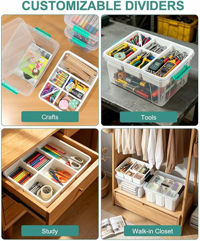 EOENVIVS 17 QT Clear craft storage organizer box with Removable Tray, Plastic storage bins with lids for Kids Art Supplies, Toys, Beads, Tools, Sewing & Classroom Clear+Green Bulcket - Image 4