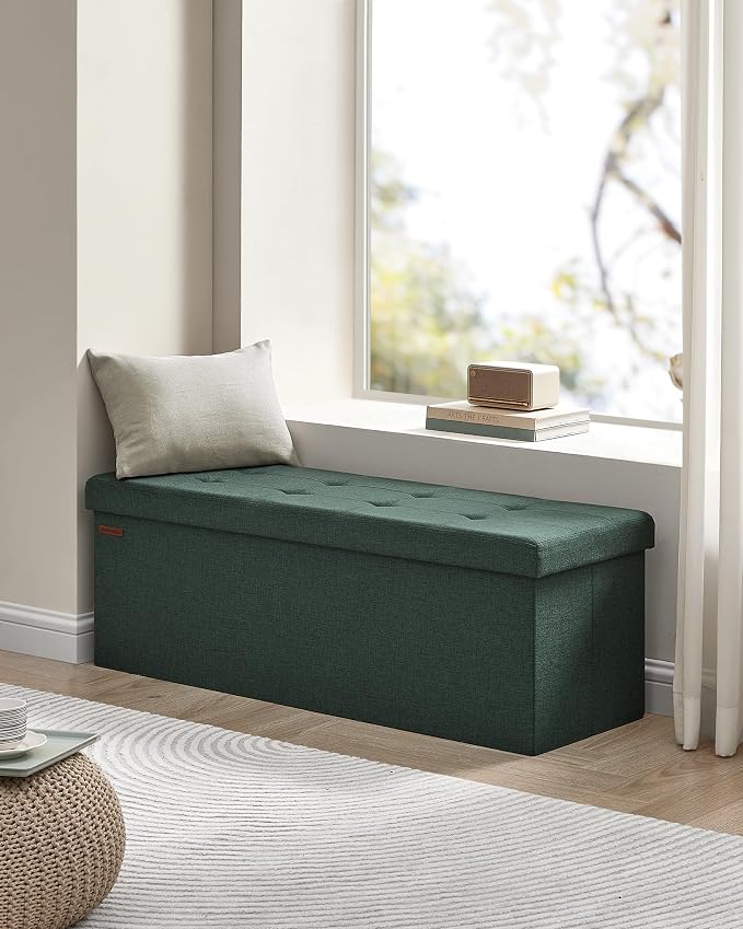 SONGMICS 43.3 Inches Folding Storage Ottoman Bench, Load 660 lb | Ottoman Foot Rest, Storage Chest, for Living Room, Entryway, Forest Green and Ink Black, MINOTA Collection ULSF077C01 - Image 8