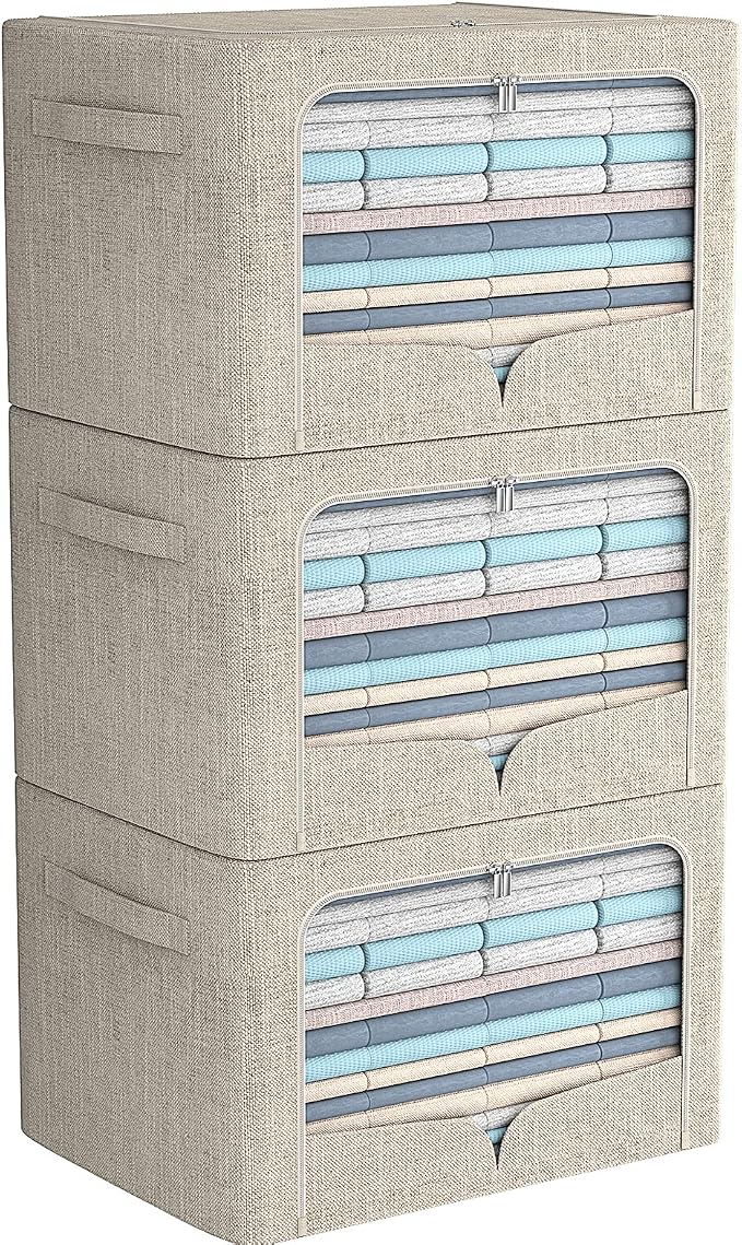 FHSQX 3 Pack Clothes Storage Bins - Foldable Metal Frame Storage Box - Stackable Linen Fabric Container Organizer Set with Carrying Handles and Clear Window (Beige, 19.7x15.7x13inch(66L)) by FHSQX