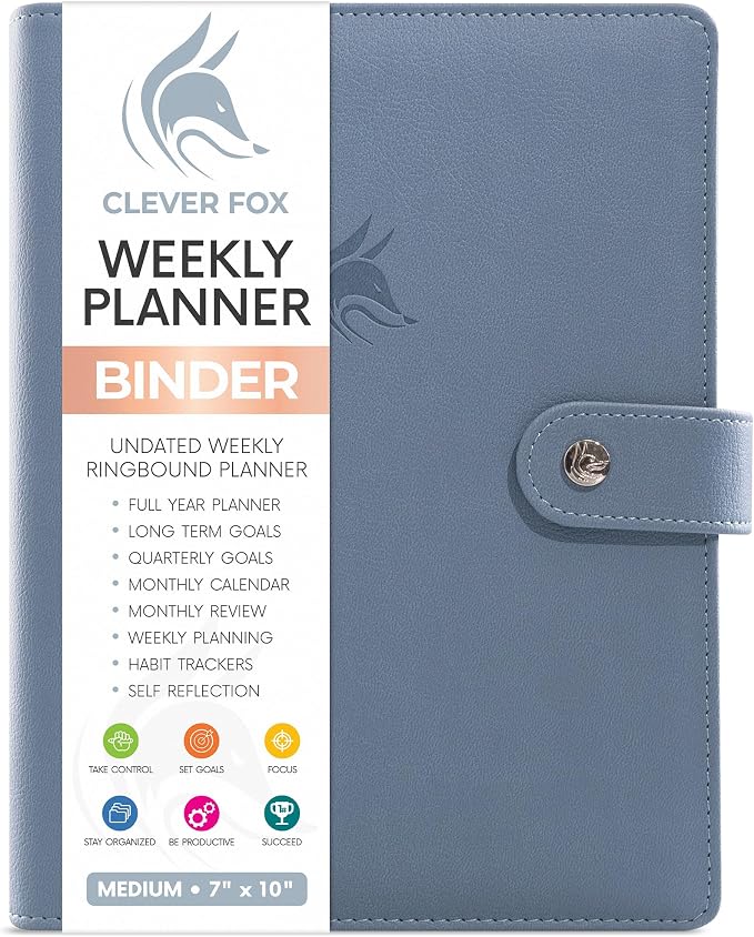 Clever Fox Weekly Planner Binder, Undated Daily A5 Eco Leather Windy Blue | 7 x 10 in with A5 pages, mini 3 ring portfolio organizer, work time manager, day runner, agenda book with monthly calendars by CleverFox