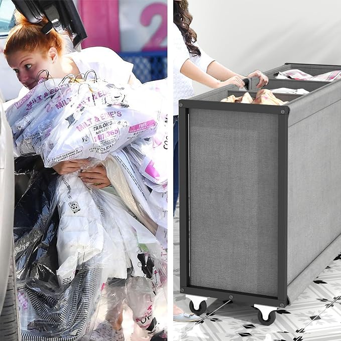Laundry Hamper Laundry Basket with 3 Section Pull-Out Rolling Bags, Laundry Sorter for Organization and Storage with 2 Pull-Out Drawers for Laundry Room (Black+Grey, 43.31'' x 31.81'' x 12.6'') - Image 3