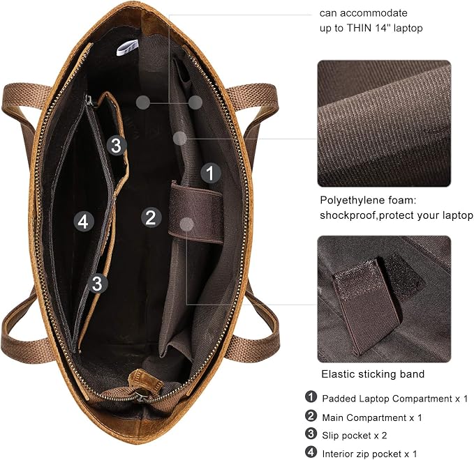 S-ZONE Leather Tote Bag for Women Work Handbag with Luggage Sleeve | Top Grain Genuine Leather, Padded Laptop Compartment, Multi Pockets, Large Retro Purse, Travel Everyday - Image 5