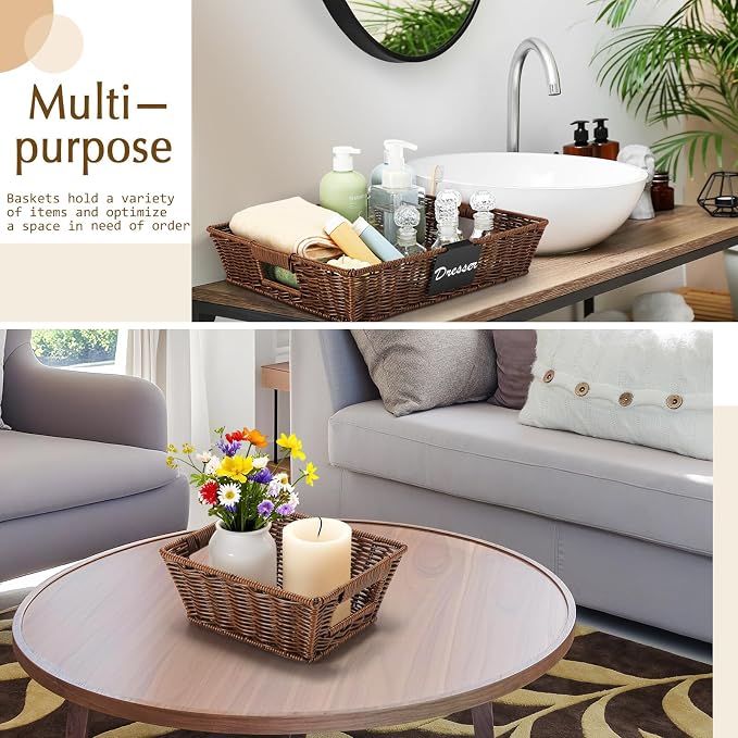 Marsui 9 Pcs Wicker Storage Baskets for Pantry Organization with Handle Labels Handwoven Multi-size Dark Brown Small Organizer Baskets Storage Bin Container for Shelves Closet Toilet Christmas Holiday - Image 5