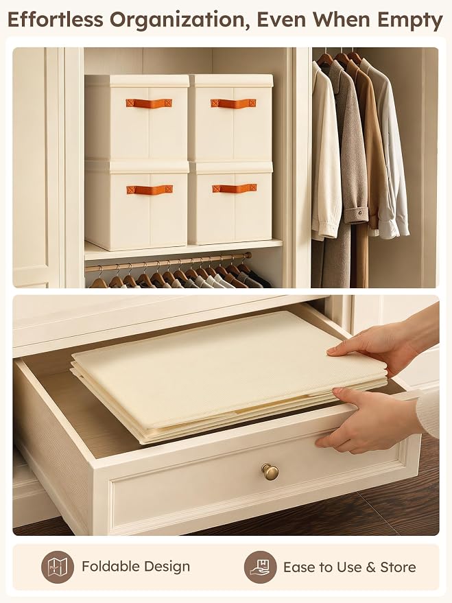 Storage Bins with Lids - Fabric Storage Baskets for Shelves, 4 Pack Foldable Decorative Boxes with Handles, Stackable Organizer Bins for Home, Nursery, Dorm, Beige - Image 5