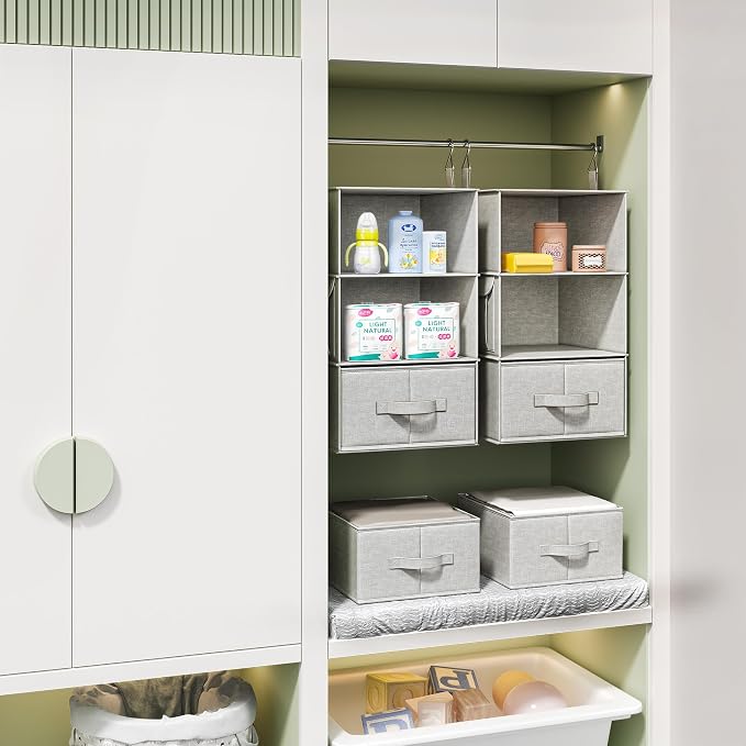 2 Pack 3-Shelf Hanging Closet Organizer with 2 Drawers, Silver Gray | Two Hanging Organizers with Fabric Drawers, Space-Saving Closet Storage for Clothes, Baby Items, Nursery and Dorm Rooms - Image 6