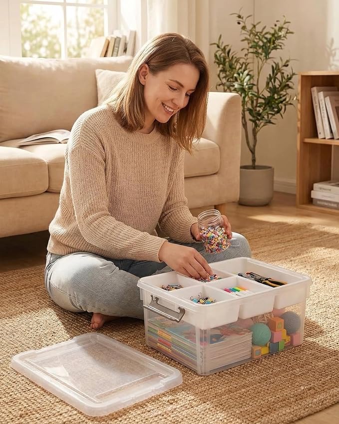 EOENVIVS 17 QT Clear Craft Storage Organizer Box with Removable Tray, Plastic Storage Bins with lids for Kids Art Supplies, Toys, Beads, Tools, Sewing & Classroom Clear+White Bulcket - Image 5