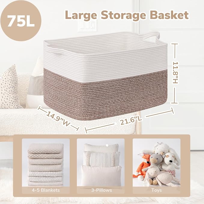 Goodpick Large Woven Rope Blanket Basket, Rectangle, White & Brown | 21.6'' x 14.9'' x 11.8'' Storage Basket for Blankets & Toys, Living Room, Bedroom & Nursery Organization, Reinforced Handles - Image 3