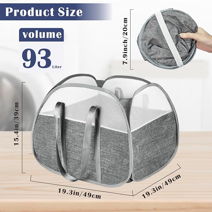2 Pack Large Collapsible Laundry Baskets 93L Pop Up Laundry Hamper with 2 Sturdy Handles Foldable Laundry Hamper for Laundry Room Kids Room (2 Pack Large Grey) - Image 4