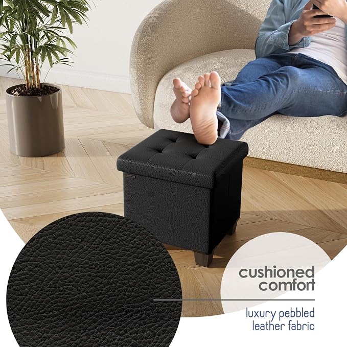 Storage Ottoman Cube with Small Bin, 15-in Square Ottoman with Storage for Living Room and Bedroom, Small Ottomans Foot Rest, Faux Leather Foot Stools Ottomans Max 330lbs, Black - Image 8