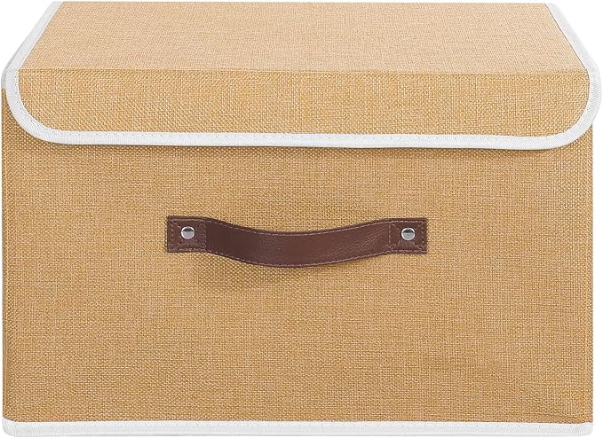 ANMINY Fabric Storage Box Bins with Lids, Khaki, 15"x10"x10" | Keepsake Memory Storage, Cotton Linen, PP Board Reinforced, Washable, PU Handles, Foldable & Stackable, Decorative, Large - Image 2