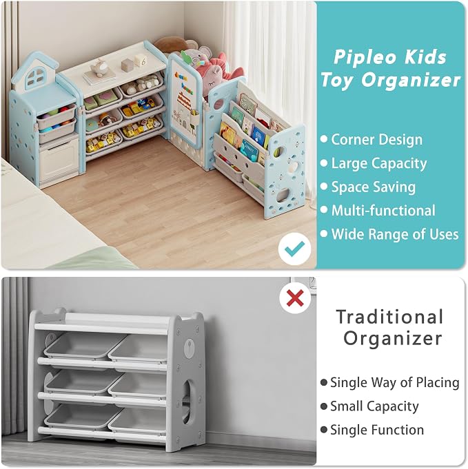 Kids Toy Storage Organizer with 10 Removable Bins, Foldable Toy Organizers and Storage with 3-Tier Bookshelf for Kids Toy Storage Organizer with Drawing Board, Extra 3 Brushes (4 In 1 Light Blue) - Image 6