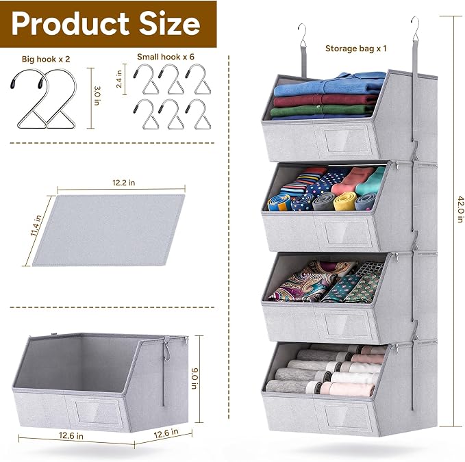 4-Tier Hanging Closet Organizer, Detachable Hanging Storage Shelves with Reinforced Side Panels, Hanging Closet Organizer for Clothes, Sweaters, Towels, Socks & Accessories, Gray - Image 3