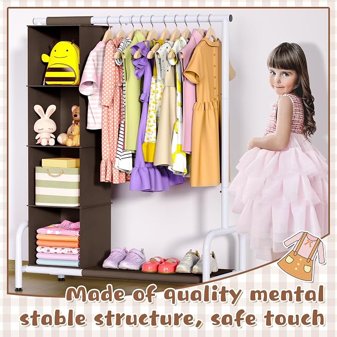Univivi Kids Clothing Rack with Hanging Organizer, 43 Inch, Brown and White | Toddler Dress Up Storage with Bottom Shelf, Sturdy Metal Dress Up Rack, Toddler Wardrobe Rack for Nursery, Playroom, Bedroom - Image 6