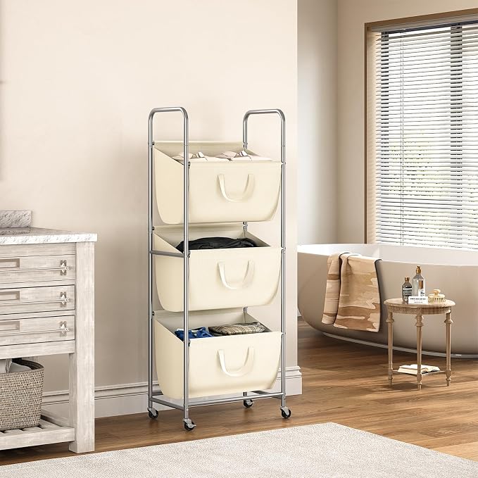 ELYKEN 3-Tier Vertical Rolling Laundry Hamper with Wheels & Removable Bags | 120L Capacity, Space-Saving Design, Locking Casters, 3 Section Laundry Sorter for Apartments, Small Spaces, Closet, Dorm - Image 9