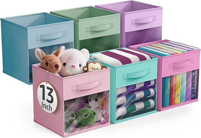 Sorbus 13 Inch Storage Bins with Clear Window - 6 Foldable Baskets for Organizing Clothes, Toys, Books - Sturdy Collapsible Fabric Storage Cubes with Handle - Storage Baskets for Shelves, Closets by Sorbus