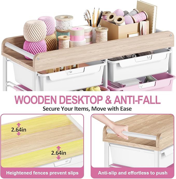 10 Drawers Rolling Cart with Wooden Tabletop, Utility Storage Cart with Wheels, Art Supply Craft Organizer on Wheel with Metal Frame & Handles for Home Office School,Pink | Easy Setup, Large Capacity, Sturdy Build, Lockable Mobility, For office, classr... - Image 4