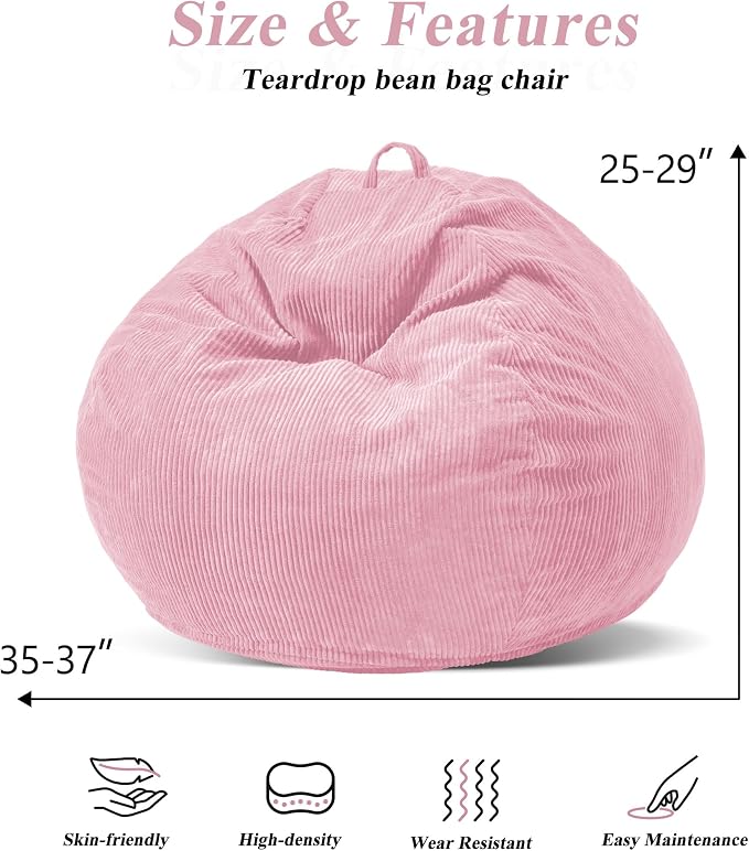3FT Bean Bag Chair for Adults,3' Big Teardrop Beanbag with Filler | Beanbag Chair with Memory Foam Filled,Bean Bags with Handy Handle&Machine Washable Cover for Living Room,Bedroom-Light Pink - Image 2