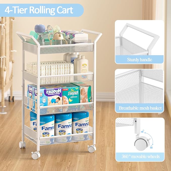 2 Pack Baby Diaper Caddy Cart, 4-Tier Diaper Caddy Organizer and Storage, Rolling Utility Cart for Baby Supplies, Diaper Cart with Wheels for Bedroom, Nursery, Changing Table, White - Image 5