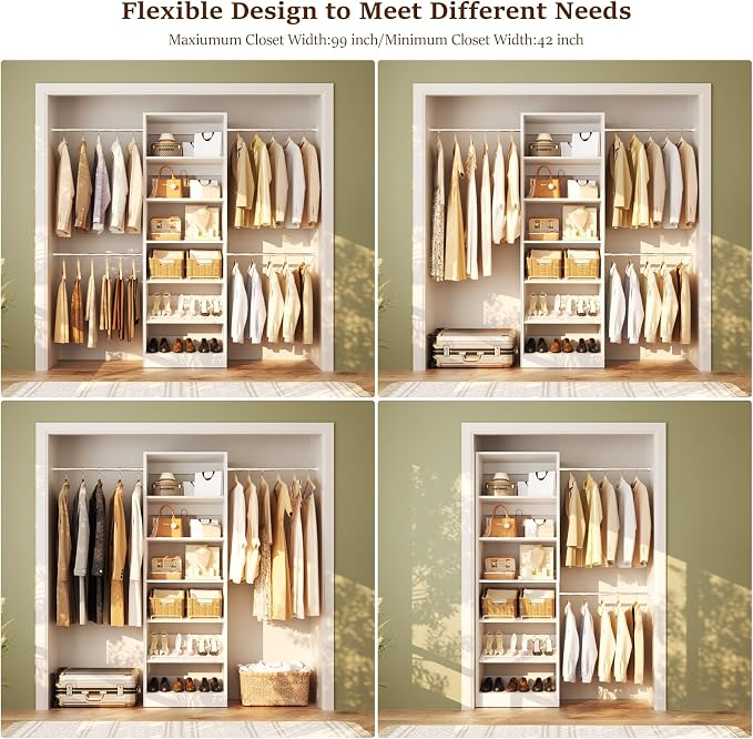 Unikito 4-8Ft Wood Closet Organizer System with Extendable Rods, White | Starter kit with tower and 4 hanging rods, walk-in closet wardrobe clothes rack with adjustable shelves, garment rack. - Image 4