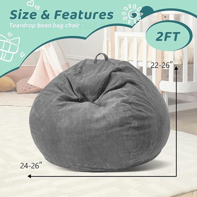 2FT Bean Bag Chair: 2' Small Bean Bags with Memory Foam Filled | Beanbag Chairs with Handle,Teardrop Bean Bag Sofa with Corduroy Machine Washable Cover for Living Room,Bedroom-Grey - Image 2