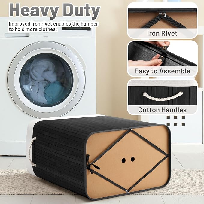 Aliphon 72L Slim Laundry Hamper with Lid, Foldable Bamboo Clothes Laundry Basket with Handles, Removable and Machine Washable Liner, for Bedroom, Bathroom, Dorm, Ink Black - Image 8