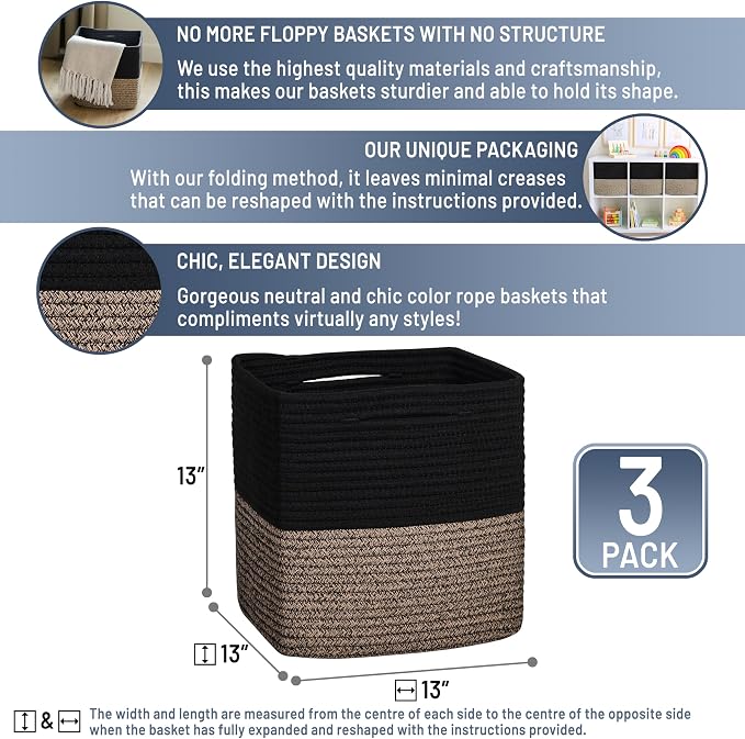 NaturalCozy 13 Inch Cube Storage Bins Cotton Rope Woven Baskets for Organizing 3-Pack | 13 x 13 Storage Cubes | Fabric Square Storage Baskets for Shelves Organizer, Kids Toy Bins, Closet Baby Nursery - Image 2
