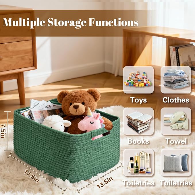 2 Pack Large Storage Basket for Organizing, 17.5"x13"x7" Woven Basket for Shelves, Closet Cube Storage Bins with Wrapped Handle, Cotton Rope Baskets for Kitchen, Clothes, Toys(Green) - Image 2