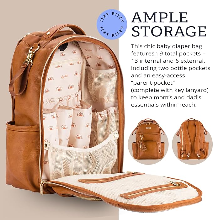 Itzy Ritzy Boss Plus Large Diaper Bag Backpack with 19 Pockets (Cognac) | Includes 2 Insulated Bottle Pockets, Changing Pad, Stroller Clips, Comfortable Padded Straps, Easy-to Clean, Travel-Ready - Image 5